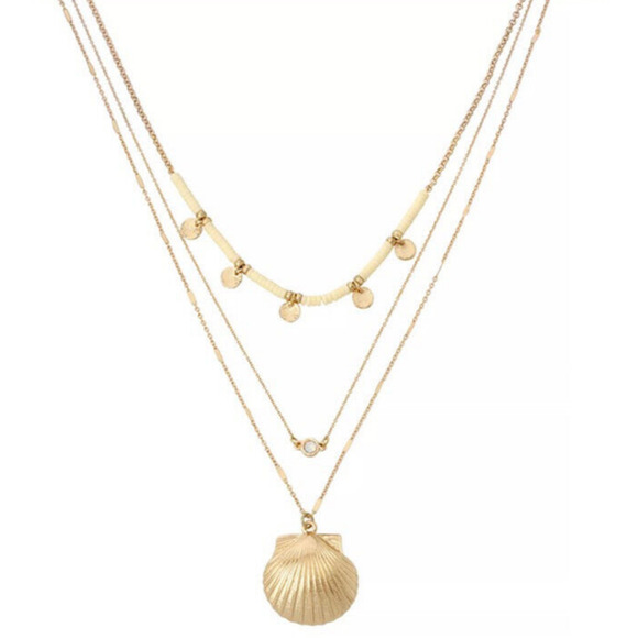 Jessica Simpson Multi-Layer Necklace Seashell Pendant Gold Tone Rhinestone - Picture 2 of 12